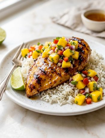 A white plate with honey lime grilled chicken breast showing beautiful grill marks, topped with vibrant fresh mango salsa and served over fluffy white rice with a lime wedge