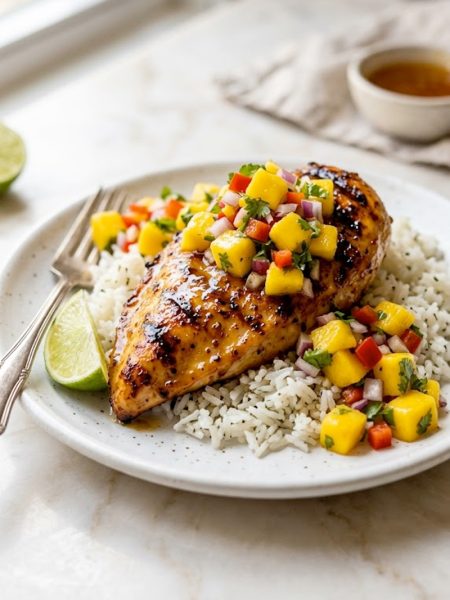 A white plate with honey lime grilled chicken breast showing beautiful grill marks, topped with vibrant fresh mango salsa and served over fluffy white rice with a lime wedge