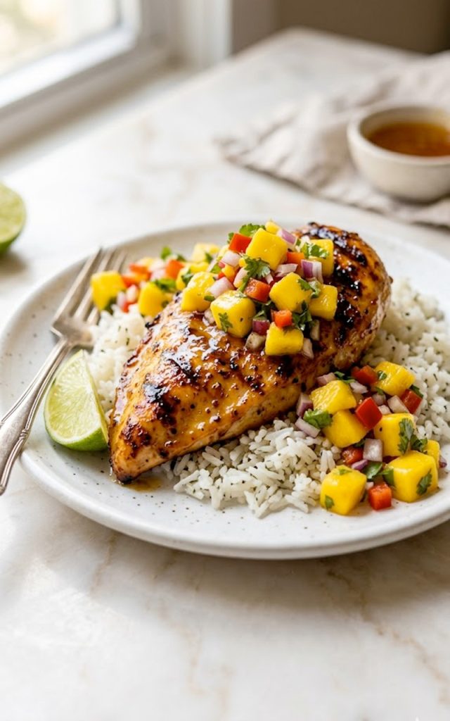 A white plate with honey lime grilled chicken breast showing beautiful grill marks, topped with vibrant fresh mango salsa and served over fluffy white rice with a lime wedge