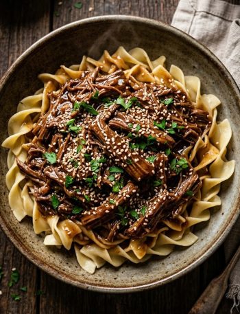 A bowl of slow cooker Korean beef noodles topped with sesame seeds and fresh parsley on a rustic wooden table
