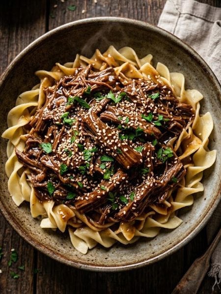 A bowl of slow cooker Korean beef noodles topped with sesame seeds and fresh parsley on a rustic wooden table