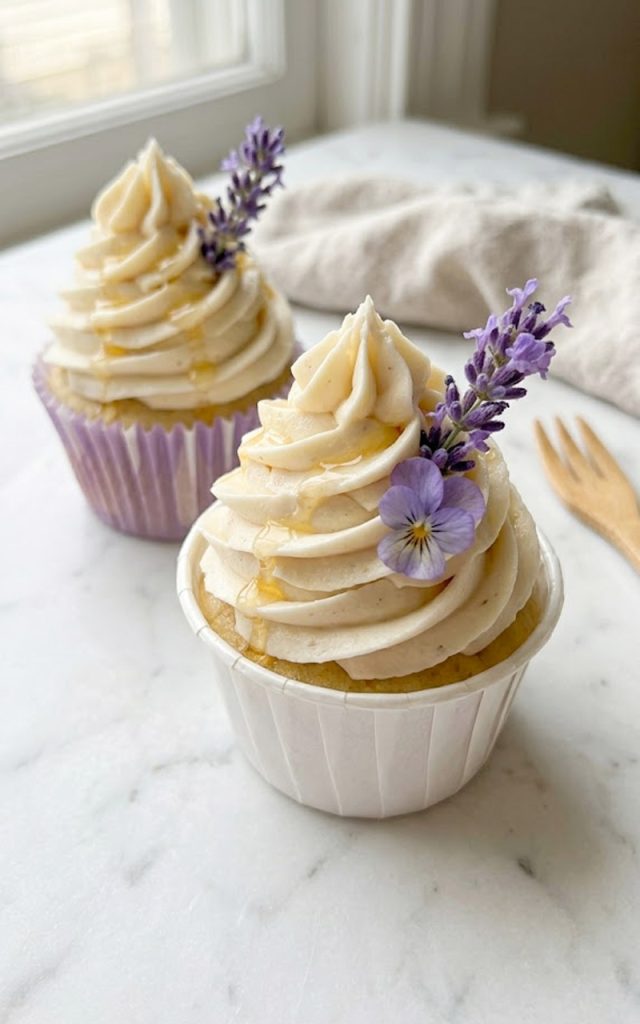 A close-up of two elegant lavender honey cupcakes with tall swirled honey buttercream frosting topped with fresh purple lavender sprigs and edible flowers in white and purple cupcake liners on a white marble surface