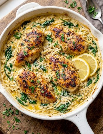 A large white oven safe skillet filled with creamy lemon orzo and wilted spinach with four golden seared chicken breasts nestled on top garnished with fresh parsley and lemon slices
