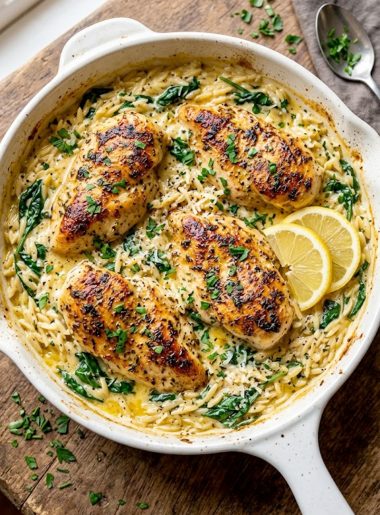A large white oven safe skillet filled with creamy lemon orzo and wilted spinach with four golden seared chicken breasts nestled on top garnished with fresh parsley and lemon slices