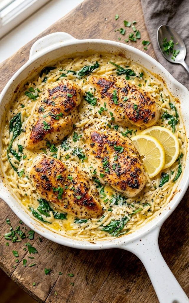 A large white oven safe skillet filled with creamy lemon orzo and wilted spinach with four golden seared chicken breasts nestled on top garnished with fresh parsley and lemon slices