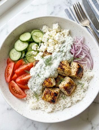 A large white ceramic bowl filled with fluffy white rice topped with golden seared lemon dill chicken chunks fresh cucumber slices ripe tomato wedges thinly sliced red onion crumbled feta cheese and a generous spoonful of creamy dill sauce garnished with fresh dill fronds