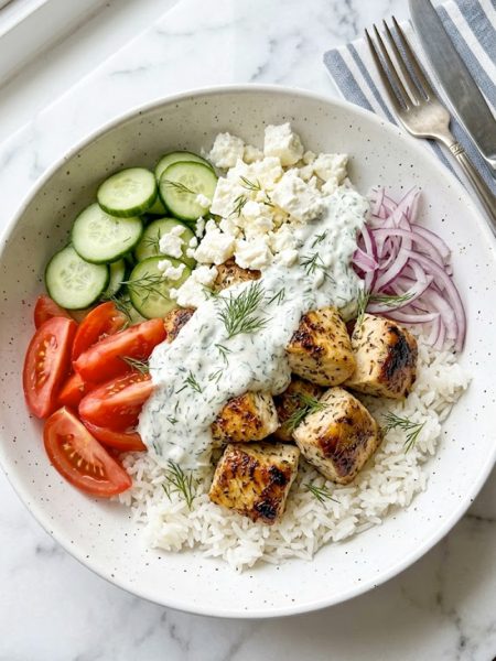 A large white ceramic bowl filled with fluffy white rice topped with golden seared lemon dill chicken chunks fresh cucumber slices ripe tomato wedges thinly sliced red onion crumbled feta cheese and a generous spoonful of creamy dill sauce garnished with fresh dill fronds
