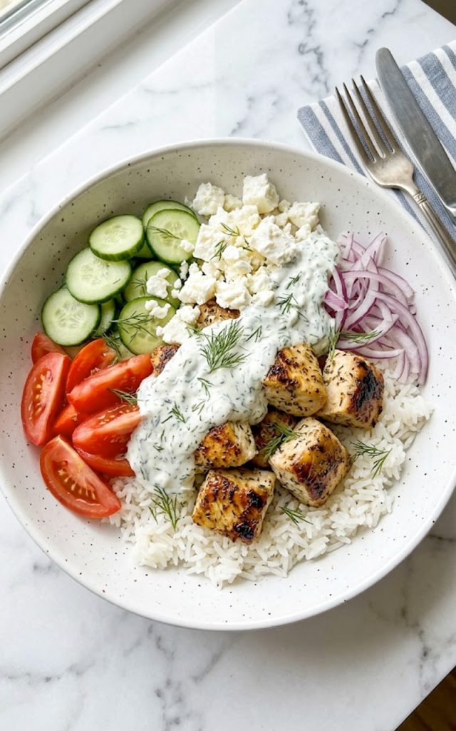 A large white ceramic bowl filled with fluffy white rice topped with golden seared lemon dill chicken chunks fresh cucumber slices ripe tomato wedges thinly sliced red onion crumbled feta cheese and a generous spoonful of creamy dill sauce garnished with fresh dill fronds