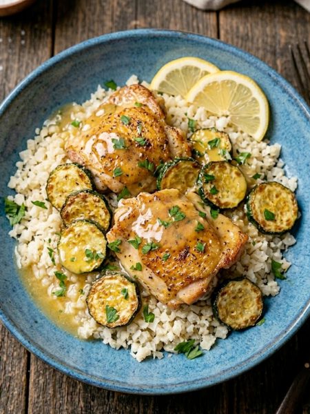 Golden seared lemon butter chicken pieces with crispy zucchini rounds served over cauliflower rice in a wide blue bowl garnished with fresh parsley and lemon slices