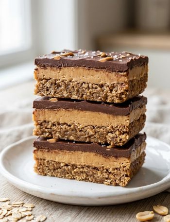 Three stacked lunch lady peanut butter bars with chocolate frosting and oat peanut butter base on a white plate