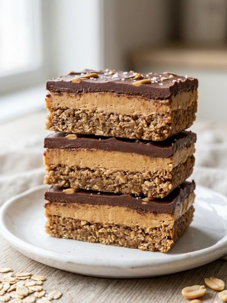 Three stacked lunch lady peanut butter bars with chocolate frosting and oat peanut butter base on a white plate