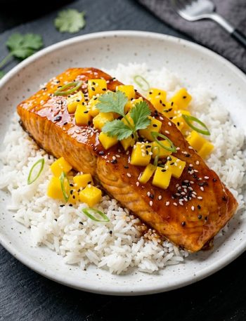 A glazed mango teriyaki salmon fillet over steamed jasmine rice topped with fresh diced mango, sesame seeds, and sliced green onions on a white plate