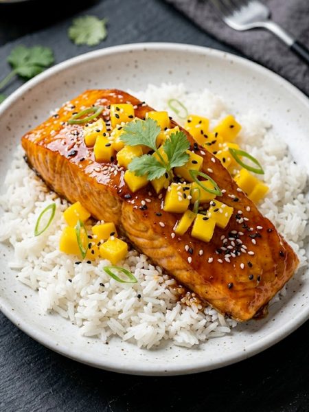 A glazed mango teriyaki salmon fillet over steamed jasmine rice topped with fresh diced mango, sesame seeds, and sliced green onions on a white plate