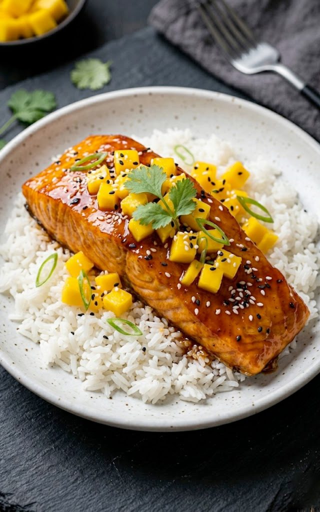 A glazed mango teriyaki salmon fillet over steamed jasmine rice topped with fresh diced mango, sesame seeds, and sliced green onions on a white plate