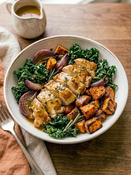 A stunning bowl of maple Dijon chicken with caramelized roasted sweet potatoes wilted kale and roasted red onion drizzled with a golden maple Dijon sauce in a wide ceramic bowl