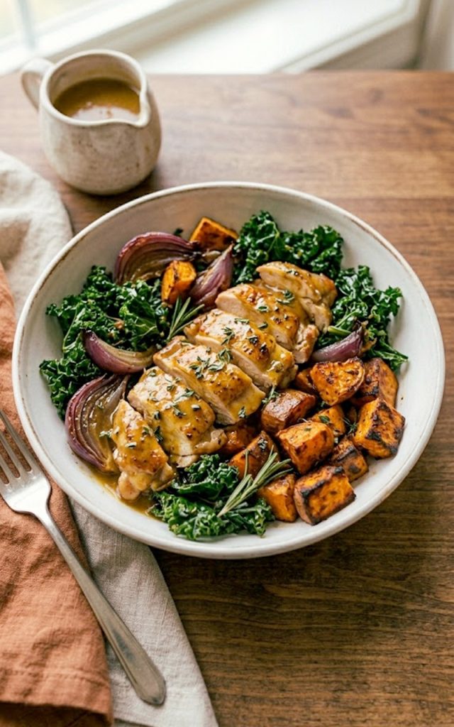 A stunning bowl of maple Dijon chicken with caramelized roasted sweet potatoes wilted kale and roasted red onion drizzled with a golden maple Dijon sauce in a wide ceramic bowl