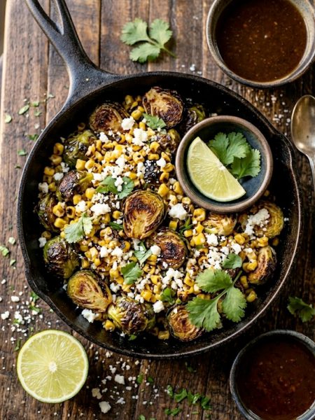 Crispy roasted Brussels sprouts and charred corn tossed with street corn sauce, cotija cheese, and fresh cilantro in a black cast iron skillet