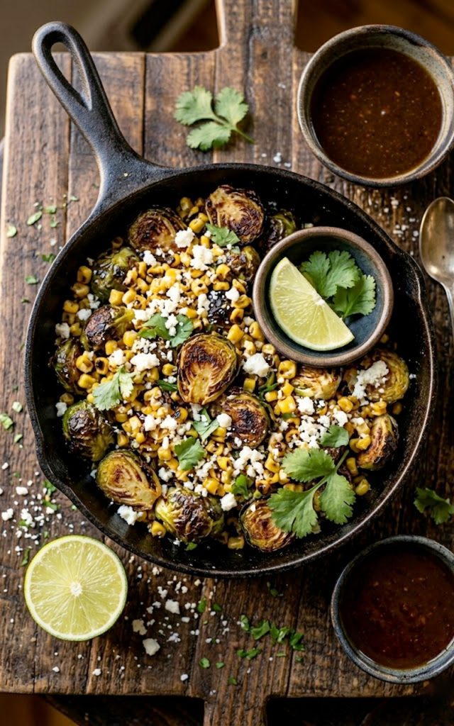Crispy roasted Brussels sprouts and charred corn tossed with street corn sauce, cotija cheese, and fresh cilantro in a black cast iron skillet