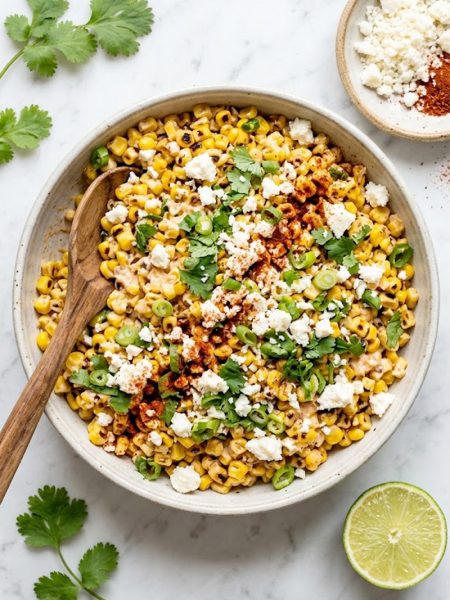 A large ceramic bowl of Mexican street corn salad with golden charred corn kernels, crumbled cotija cheese, fresh cilantro, sliced green onions, and a dusting of chili powder and smoked paprika, shot from above on a light marble surface