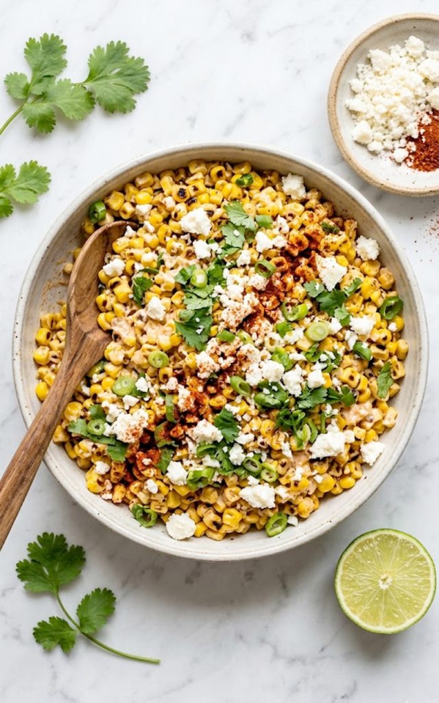 A large ceramic bowl of Mexican street corn salad with golden charred corn kernels, crumbled cotija cheese, fresh cilantro, sliced green onions, and a dusting of chili powder and smoked paprika, shot from above on a light marble surface
