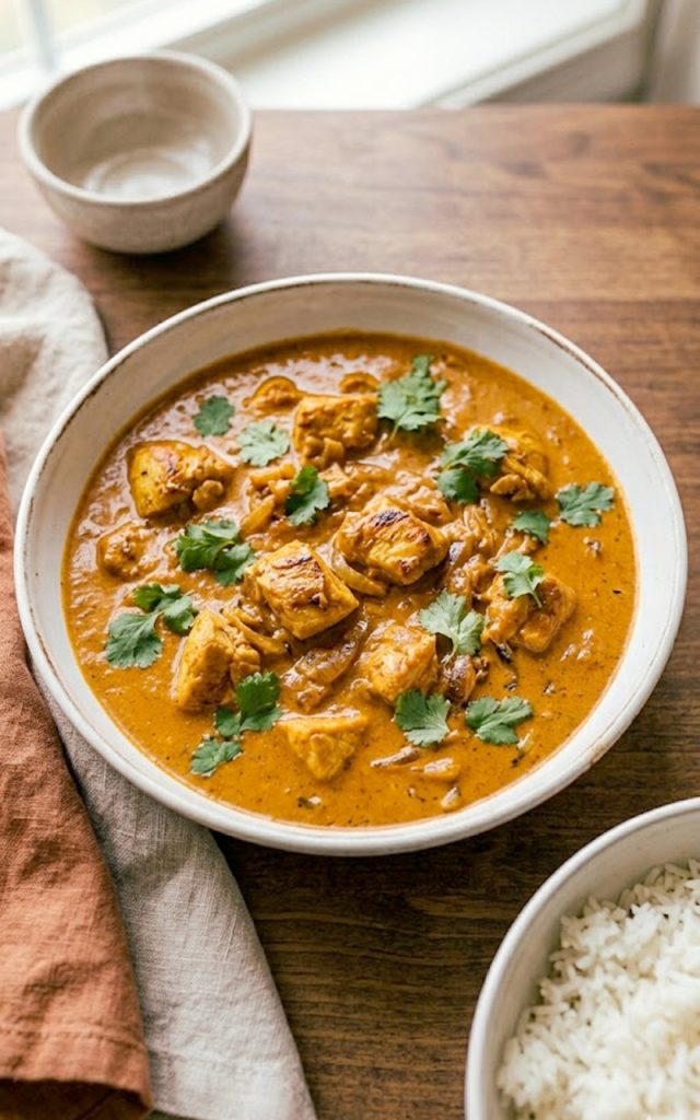 A white bowl of rich creamy Moroccan chicken in a deeply spiced orange tomato sauce garnished with fresh cilantro served alongside fluffy white rice