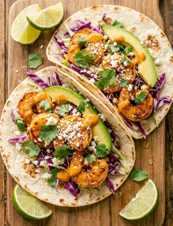 Two mouthwatering shrimp tacos on a wooden board topped with purple cabbage slaw, avocado, crumbled cotija cheese, and chipotle drizzle with lime wedges on the side
