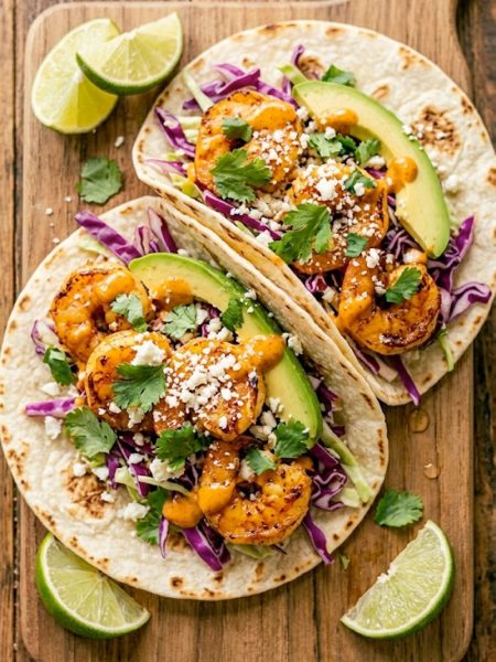 Two mouthwatering shrimp tacos on a wooden board topped with purple cabbage slaw, avocado, crumbled cotija cheese, and chipotle drizzle with lime wedges on the side
