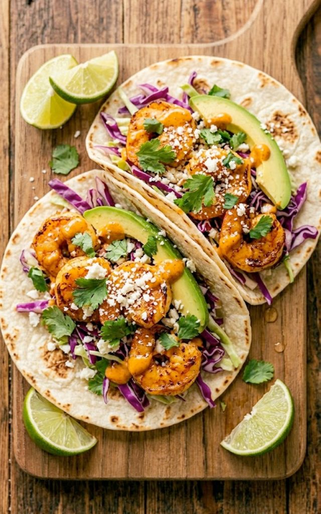 Two mouthwatering shrimp tacos on a wooden board topped with purple cabbage slaw, avocado, crumbled cotija cheese, and chipotle drizzle with lime wedges on the side