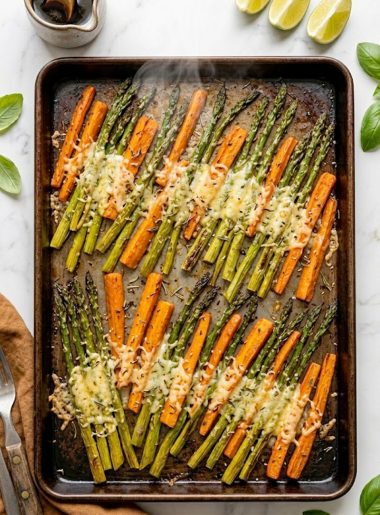 A sheet pan of oven-roasted asparagus spears and carrot sticks caramelized and golden with melted parmesan cheese and fresh herbs on top