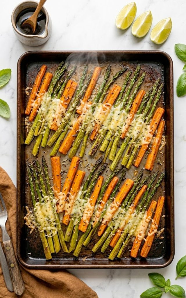 A sheet pan of oven-roasted asparagus spears and carrot sticks caramelized and golden with melted parmesan cheese and fresh herbs on top