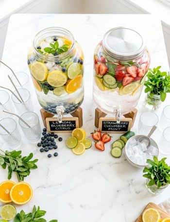 Overhead view of a party drink station with two glass dispensers filled with colorful fruit-infused water, surrounded by fresh fruit and glasses on a white marble table