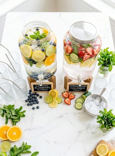 Overhead view of a party drink station with two glass dispensers filled with colorful fruit-infused water, surrounded by fresh fruit and glasses on a white marble table