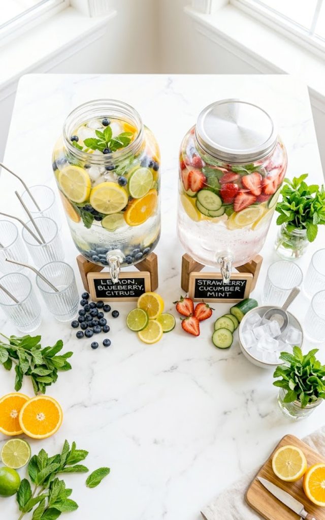 Overhead view of a party drink station with two glass dispensers filled with colorful fruit-infused water, surrounded by fresh fruit and glasses on a white marble table