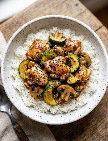 A white bowl of Panda Express mushroom chicken copycat with tender chicken pieces, zucchini slices and mushrooms in a glossy brown savory sauce served over steamed white rice