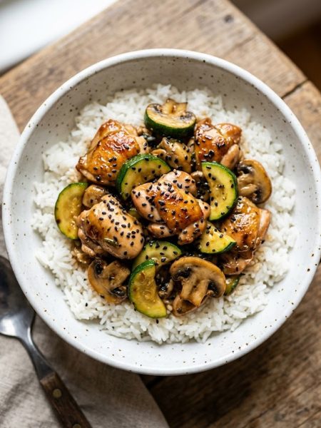 A white bowl of Panda Express mushroom chicken copycat with tender chicken pieces, zucchini slices and mushrooms in a glossy brown savory sauce served over steamed white rice