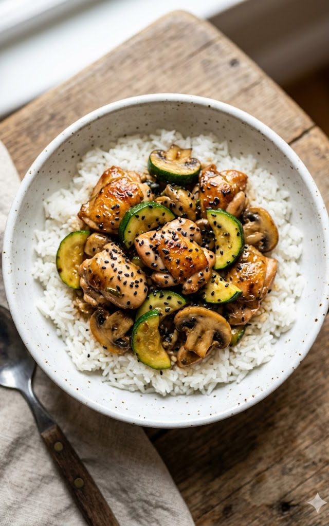 A white bowl of Panda Express mushroom chicken copycat with tender chicken pieces, zucchini slices and mushrooms in a glossy brown savory sauce served over steamed white rice