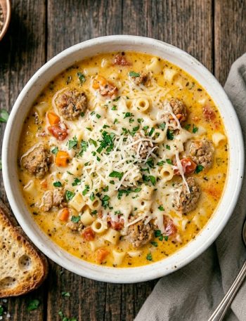A bowl of creamy parmesan Italian sausage ditalini soup topped with freshly grated parmesan and chopped parsley, served with crusty bread on the side