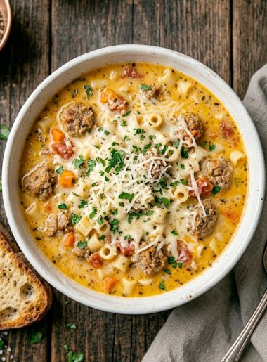 A bowl of creamy parmesan Italian sausage ditalini soup topped with freshly grated parmesan and chopped parsley, served with crusty bread on the side