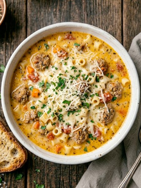 A bowl of creamy parmesan Italian sausage ditalini soup topped with freshly grated parmesan and chopped parsley, served with crusty bread on the side