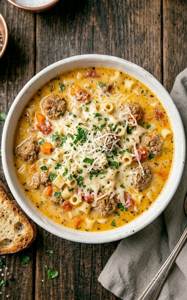 A bowl of creamy parmesan Italian sausage ditalini soup topped with freshly grated parmesan and chopped parsley, served with crusty bread on the side