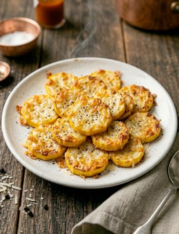 A close-up overhead shot of golden crispy Parmesan baked yellow squash slices arranged on a white plate with melted cheese and cracked black pepper on top
