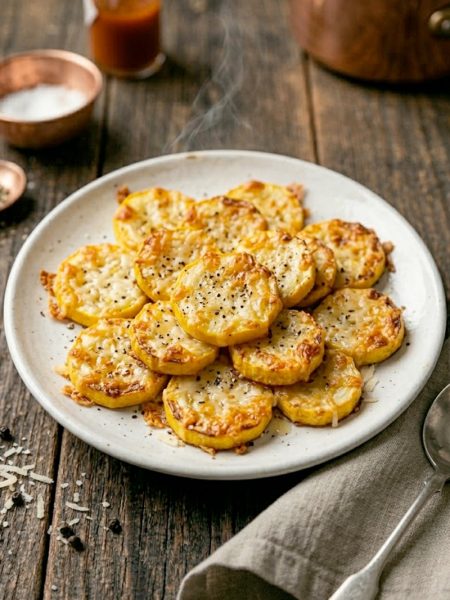 A close-up overhead shot of golden crispy Parmesan baked yellow squash slices arranged on a white plate with melted cheese and cracked black pepper on top