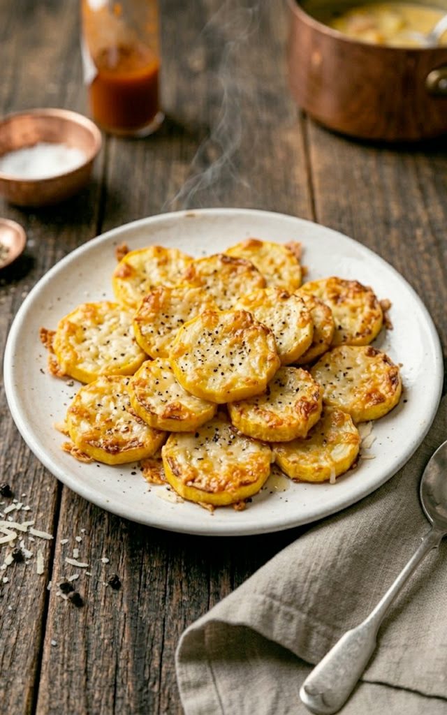 A close-up overhead shot of golden crispy Parmesan baked yellow squash slices arranged on a white plate with melted cheese and cracked black pepper on top