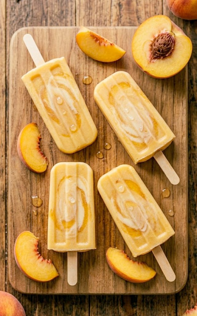 Four golden creamy peaches and cream popsicles on a rustic wooden board surrounded by fresh peach slices with condensation on the surface in warm summer light