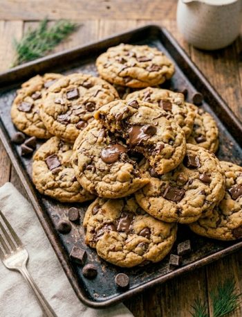 A pile of golden soft peanut butter banana cookies loaded with chocolate chunks with one broken open to show the soft chewy interior