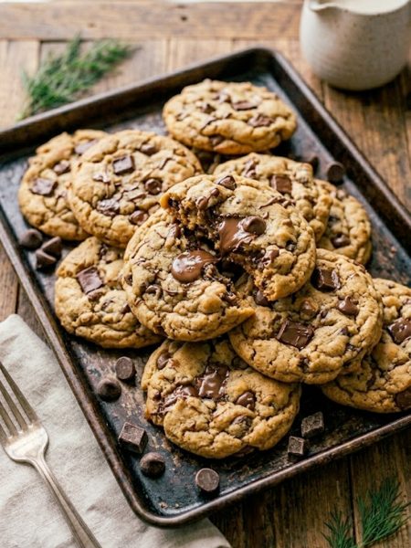 A pile of golden soft peanut butter banana cookies loaded with chocolate chunks with one broken open to show the soft chewy interior