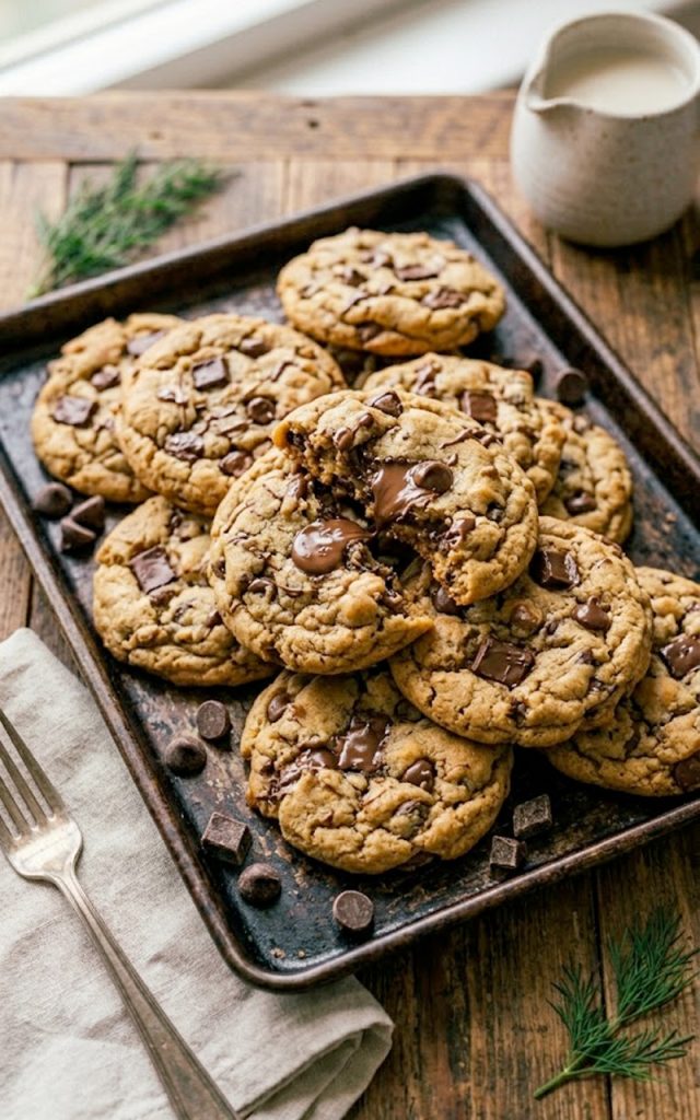 A pile of golden soft peanut butter banana cookies loaded with chocolate chunks with one broken open to show the soft chewy interior