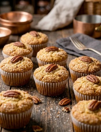 Freshly baked pecan pie brown sugar muffins topped with whole pecans and a sparkling sugar crust arranged on a rustic wooden surface