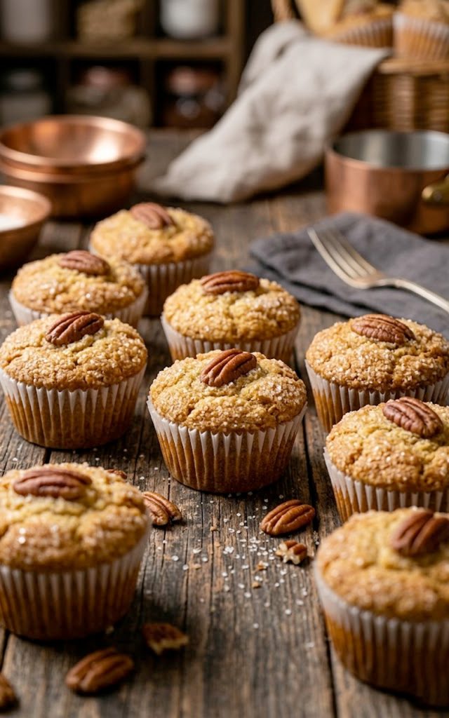 Freshly baked pecan pie brown sugar muffins topped with whole pecans and a sparkling sugar crust arranged on a rustic wooden surface