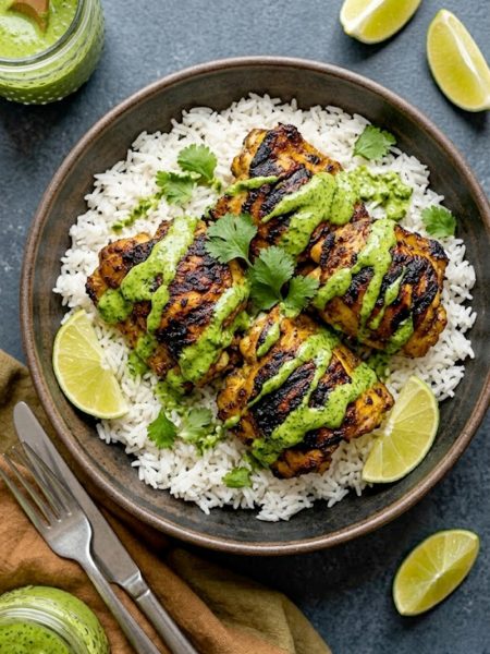 A dark ceramic bowl of smoky charred Peruvian chicken thighs with beautiful char marks served over fluffy white jasmine rice drizzled with bright green cilantro sauce and garnished with fresh cilantro and lime wedges